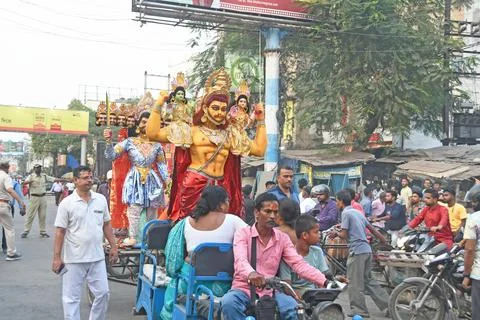 Devotees take out a procession with weapons on Rama Navami in Burdwan. Stock Photos