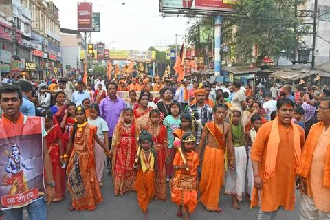 Devotees take out a procession with weapons on Rama Navami in Burdwan. Stock Photos