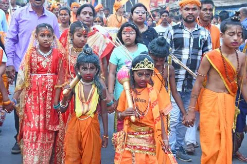 Devotees take out a procession with weapons on Rama Navami in Burdwan. Stock Photos