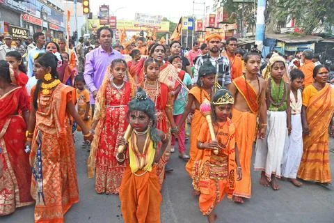 Devotees take out a procession with weapons on Rama Navami in Burdwan. Stock Photos