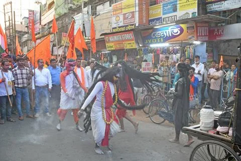 Devotees take out a procession with weapons on Rama Navami in Burdwan. Stock Photos