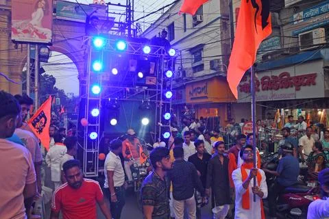 Devotees take out a procession with weapons on Rama Navami in Burdwan. Stock Photos