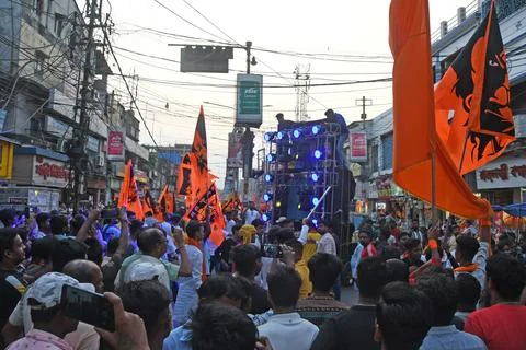Devotees take out a procession with weapons on Rama Navami in Burdwan. Stock Photos