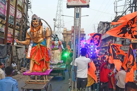 Devotees take out a procession with weapons on Rama Navami in Burdwan. Stock Photos