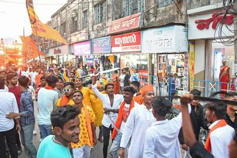 Devotees take out a procession with weapons on Rama Navami in Burdwan. Stock Photos