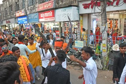 Devotees take out a procession with weapons on Rama Navami in Burdwan. Stock Photos