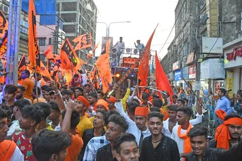 Devotees take out a procession with weapons on Rama Navami in Burdwan. Stock Photos