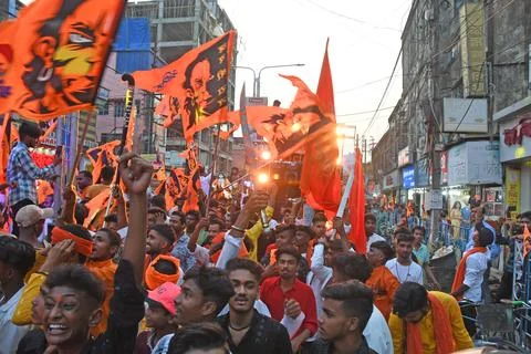 Devotees take out a procession with weapons on Rama Navami in Burdwan. Stock Photos
