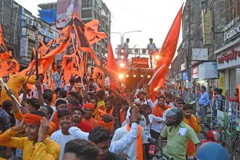 Devotees take out a procession with weapons on Rama Navami in Burdwan. Stock Photos