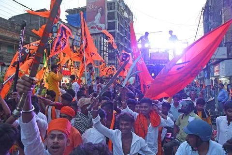 Devotees take out a procession with weapons on Rama Navami in Burdwan. Stock Photos