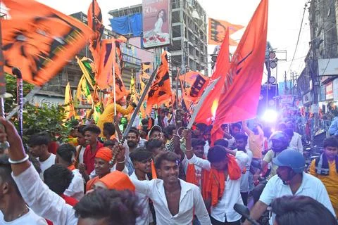Devotees take out a procession with weapons on Rama Navami in Burdwan. Stock Photos
