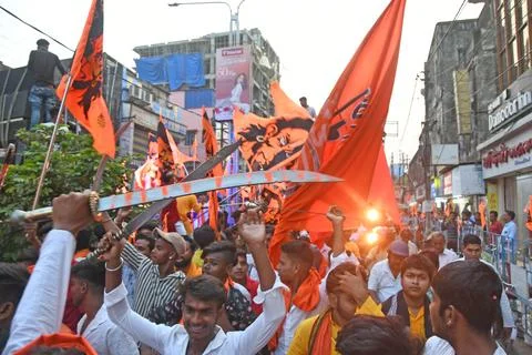 Devotees take out a procession with weapons on Rama Navami in Burdwan. Stock Photos