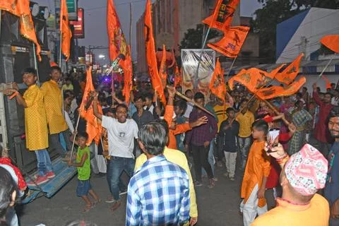 Devotees take out a procession with weapons on Rama Navami in Burdwan. Stock Photos