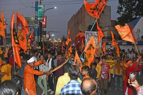 Devotees take out a procession with weapons on Rama Navami in Burdwan. Stock Photos