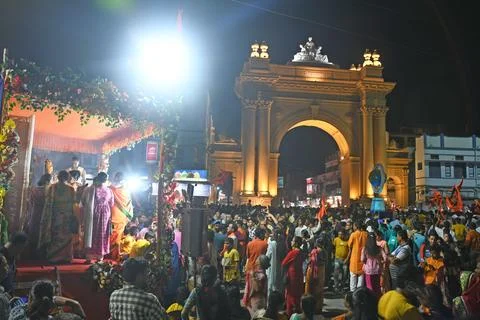 Devotees take out a procession with weapons on Rama Navami in Burdwan. Stock Photos