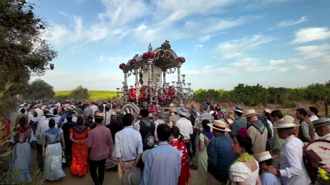 Devotees walk in reverent silence as the gilded cart crosses the forest path Stock-Footage 324493947