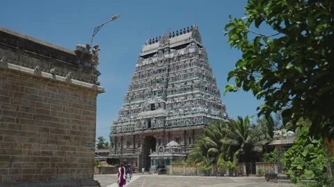 Devotees Walking at Chidambaram Nataraja Temple Courtyard with Colorful Stock Footage 338037405
