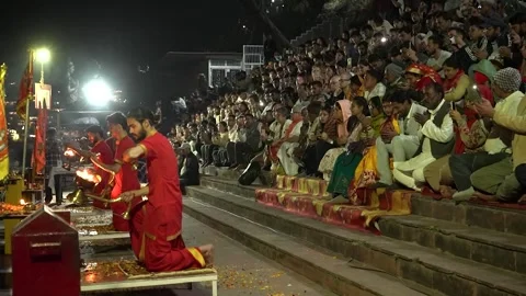 Devotees Watching Traditional Aarti Ceremony in India Stock Footage 337622997