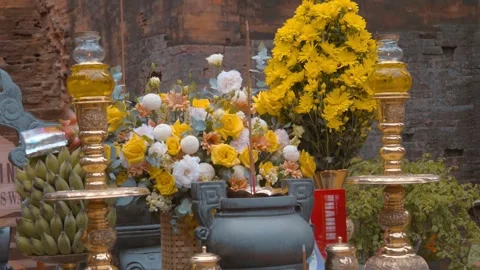 A devotional altar decorated with glowing glass oil lamps  Stock Footage 340564585