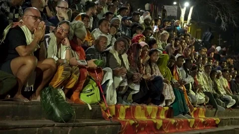 Devotional Crowd During Ganga Aarti Rishikesh India Stock Footage 337622856