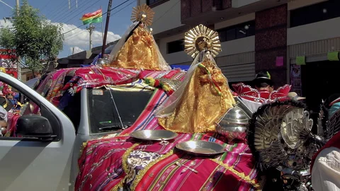 Devotional Image of Virgin of Urkupina on Decorated Car, Bolivia - 4K Stock Footage 327991712