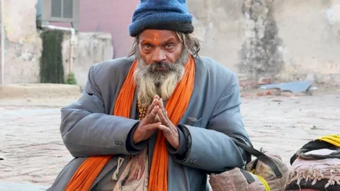Devotional Portrait of Indian Sadhu with Prayer Hands and Religious Appearanc Stock Footage 337366804