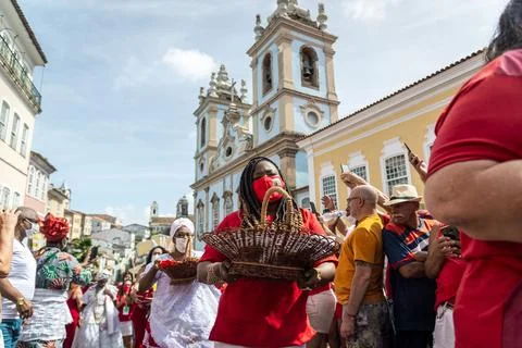 Devout Catholics of Santa Barbara carry gifts to the saint. Stock Photos
