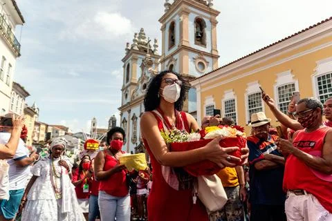 Devout Catholics of Santa Barbara carry gifts to the saint. Stock Photos