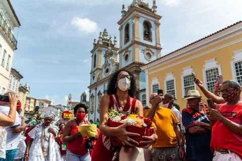 Devout Catholics of Santa Barbara carry gifts to the saint. Stock Photos