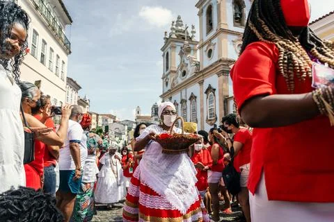 Devout Catholics of Santa Barbara carry gifts to the saint. Stock Photos