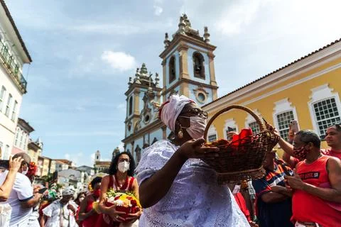 Devout Catholics of Santa Barbara carry gifts to the saint. Stock Photos
