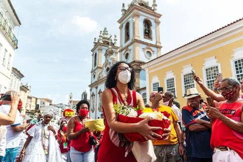 Devout Catholics of Santa Barbara carry gifts to the saint. Stock Photos