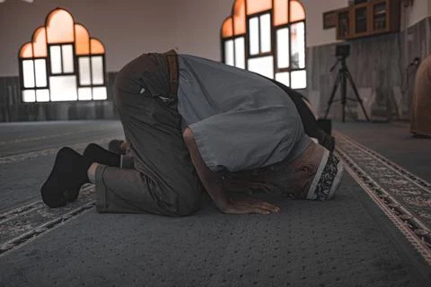 Devout Muslim Man in Prayer at Mosque in Israel Stock Photos