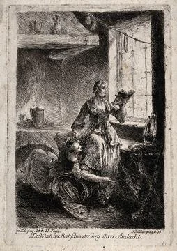 A devout woman attacking another who is busily working. Etching. Illustrazione stock