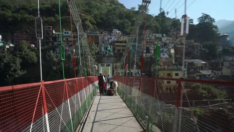 Devprayag in India, walking trough bridge 4k footage Stock Footage 83174480