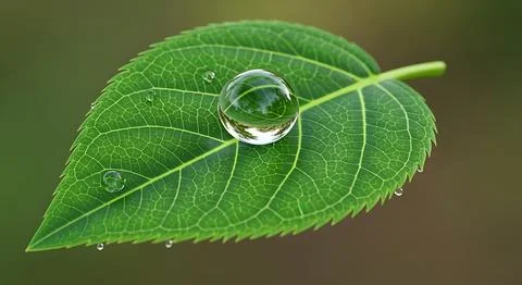 Dew drop resting on vibrant green leaf with detailed veins in soft natural .. Stock Photos