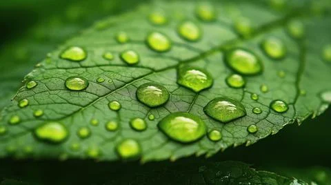 Dew drops on a fresh green leaf Stock Photos