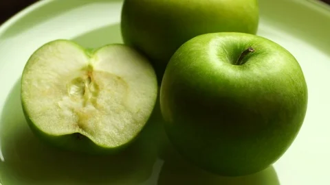 Dew on the green apple. Macro shot Video stock 81154729
