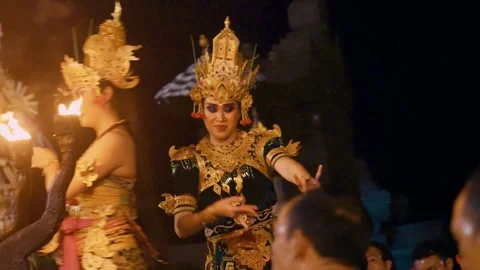 Dewi Sinta performs the Kecak dance in front of male dancers, Bali Video stock 261800984