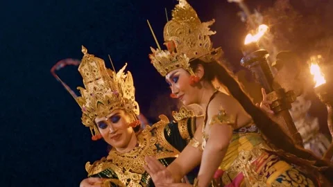 Dewi Sinta performs the Kecak dance in front of male dancers, Indonesia Stock Footage 261855978