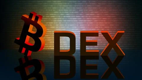 DEX decentralized exchange and bitcoin symbol on mirrored floor Illustrazione stock