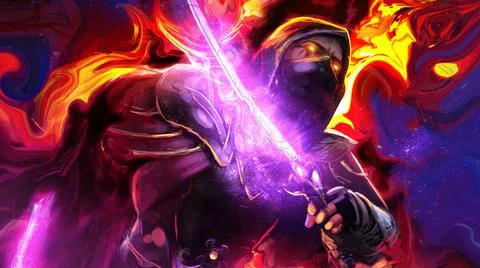 A dexterous assassin in a dynamic pose with ethereal daggers uses demonic por Stock Illustration