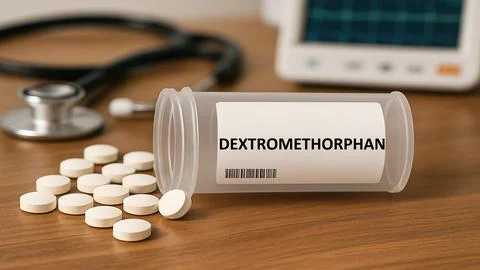 DEXTROMETHORPHAN plastic box of medication with pills Stock-Fotos