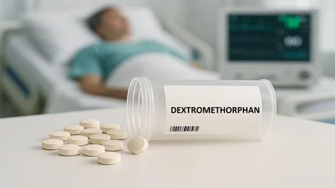 DEXTROMETHORPHAN plastic box of medication with pills Stock Photos