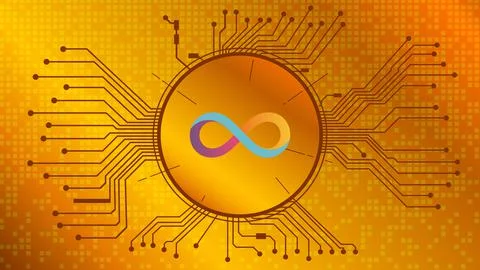 Dfinity Internet Computer ICP cryptocurrency token symbol in circle with PCB Stock Illustration