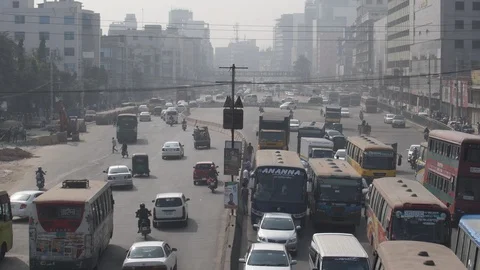 Dhaka, Bangladesh, Smog Fills The Busy Streets, Air Pollution, Exhaust Fumes Stock Footage