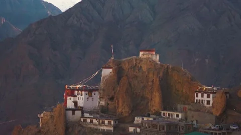 Dhankar monastery on cliff of mountains at Spiti Valley, Himachal Pradesh, India Stock Footage 340996164