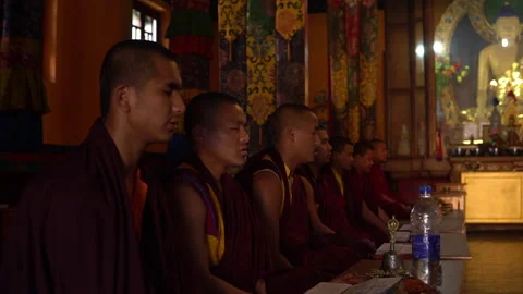 DHARAMSHALA, INDIA - 2020, OCT 13: Young Monks Chanting Inside Monastery Hall Stock Footage 208906244