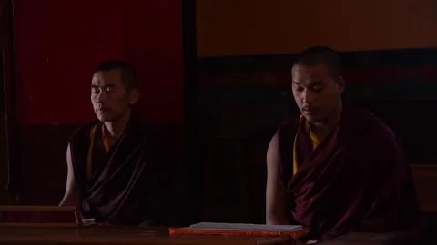 DHARAMSHALA, INDIA - 2020, OCT 13: Monks Chanting Prayers in Monastery Hall Stock Footage 345633251