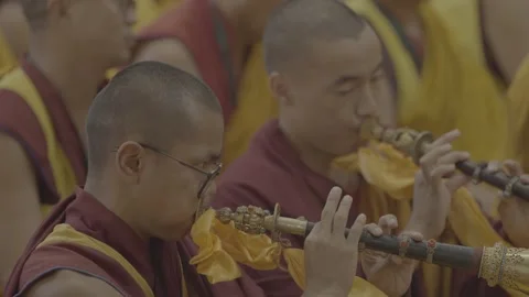 DHARAMSHALA, INDIA - MAY 20, 2026: Tibetan Monks Playing Gyaling Horns Stock Footage 345632045